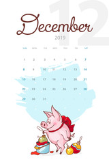 New Year 2019. Creative calendar for December with cute pig. Concept, vector vertical editable template. Symbol of the year in the Chinese calendar. Cartoon. Isolated. Vector illustration