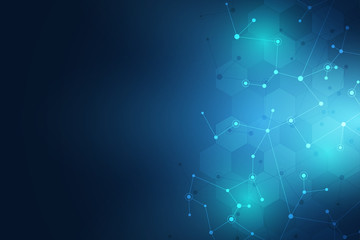 Fototapeta premium Molecular structure background and communication. Abstract background with molecule DNA and neural network. Artificial intelligence. Science and technology concept with connected lines and dots.