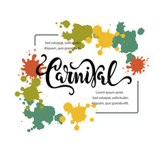 Carnival text as logotype, badge, patch, icon isolated on colorful background.  Carnival handwritten lettering for web, postcard, card, invitation, flyer, banner template.