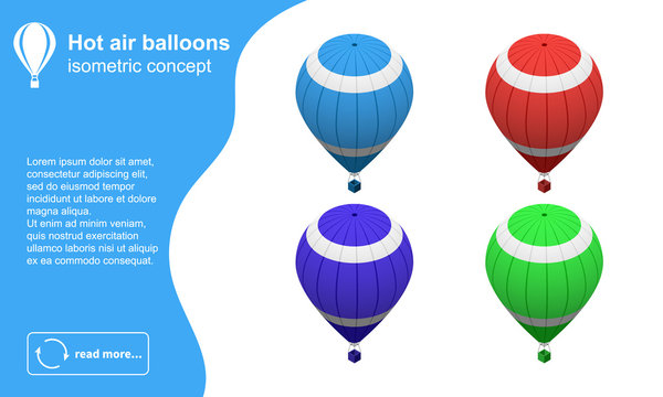 Set of modern colorful hot air balloons isometric vector illustration.