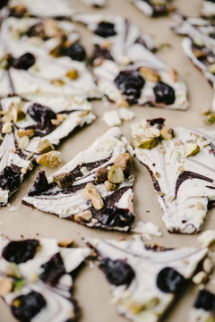 Chocolate Bark with bing cherries and pistachio nuts