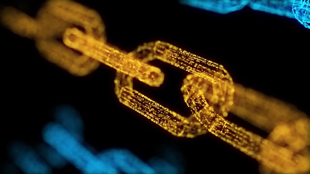 Blockchain cryptocurrency connected multi-function Gold chain particle closeup on Black background