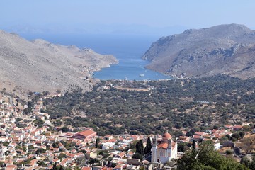 Beautiful mountain landscape. Sea city. Mountain village. Greek island. Greece.Simi Island.
