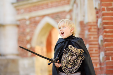 Portrait of a cute little boy dressed as a medieval knight