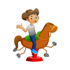 Vector illustration of a cowboy playing a toy horse