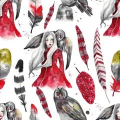 Aluminium Prints Gothic Seamless watercolor pattern with forest nymph, owl and feathers on white isolated background