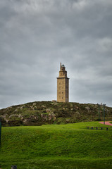 Fototapeta na wymiar The Tower of Hercules, is an ancient Roman lighthouse near the city of A Coruña, in the North of Spain