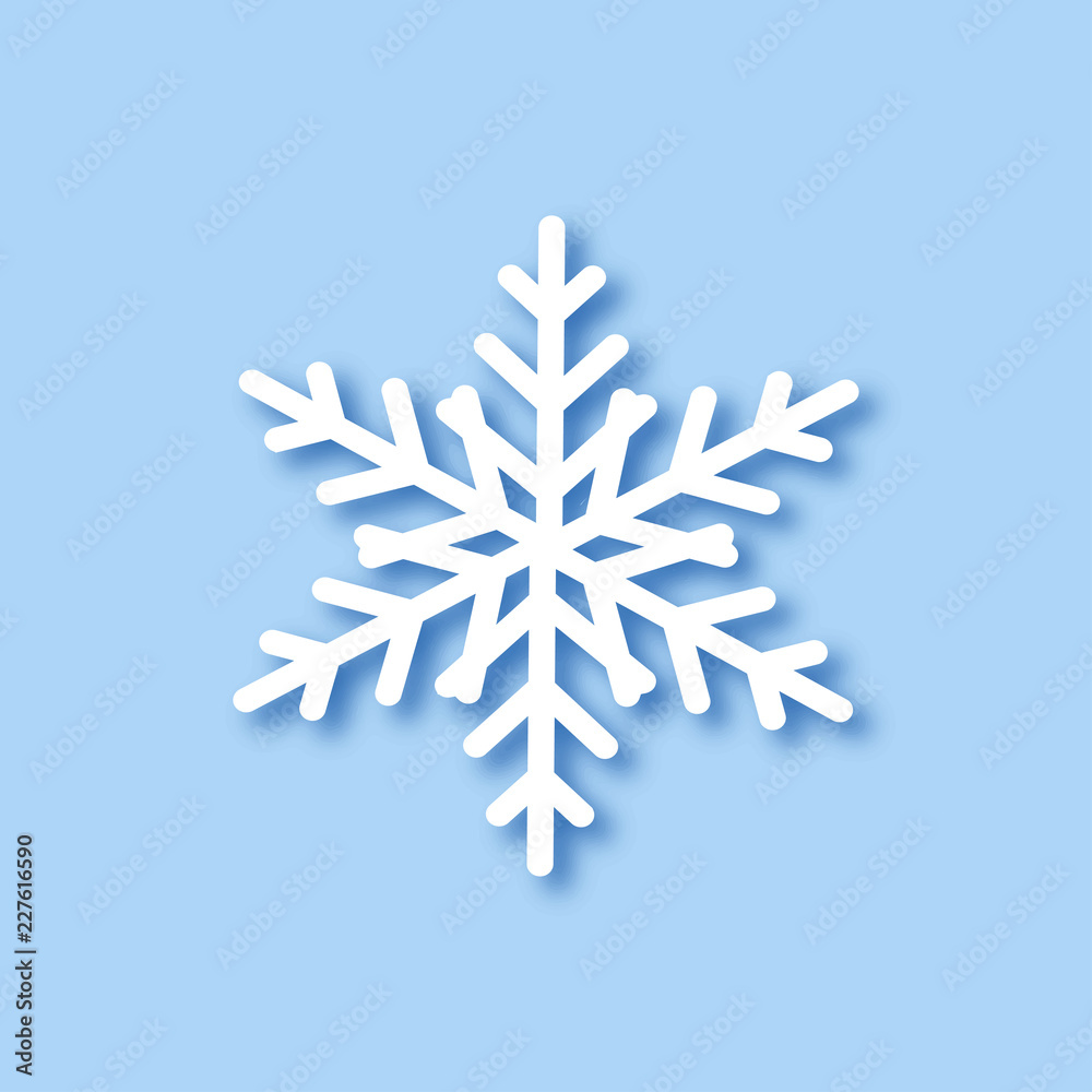 Poster big white snowflake with shadow on blue background. template snowflake