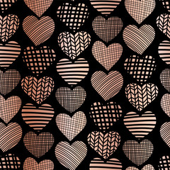 Copper foil heart shape seamless vector pattern. Rose golden abstract textured hearts on black background. Elegant art for web banner, digital paper, gift wrap, Christmas, Valentines, invite, wedding
