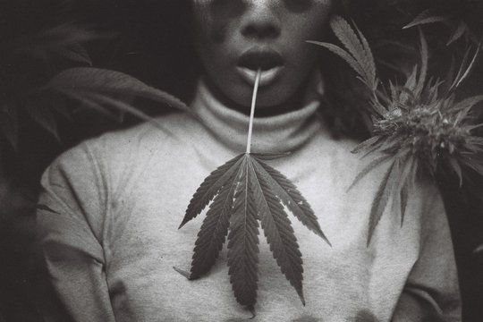 Black and white film photo of a young woman biting marijuana leaf