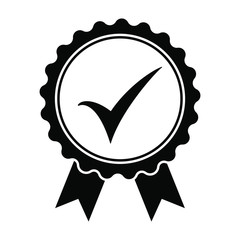 Black icon approved or certified medal. Isolated on white background. Flat design vector illustration.