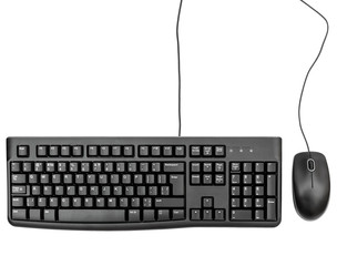 Computer mouse with keyboard on white. Top view.