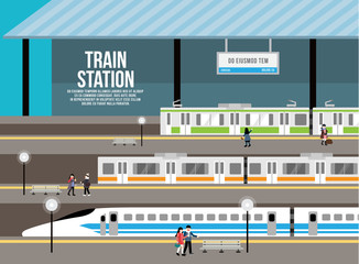 Train station vector, passenger subway transport, people walking, metro train.