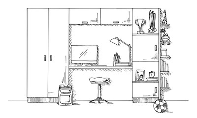 Sketch of a children's room. Teenager's room. Vector illustration
