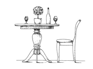 Obraz na płótnie Canvas Part of the dining room. Round table and chairs.On the table vase of flowers. Hand drawn sketch.Vector illustration