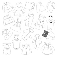 Set of different children's clothing. Can be used as clothes for paper dolls. Vector illustration in sketch style.