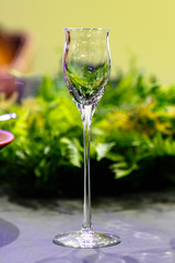 A glass of liquor on a high leg is on the table.