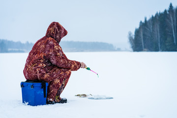 Fisherman enjoying a day of fishing on the ice
