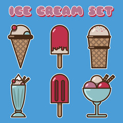 Set of cute tasty cartoon ice creams stickers. Vector ice cream isolated for stickers or icons. For design, print, textile