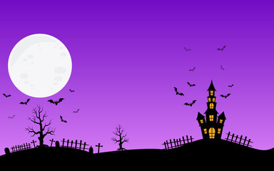 haunted house and full moon with ghost,horror night background.Vector illustration.