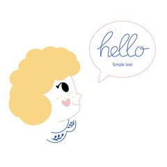 A hand drawn side profile of a young woman, girl with an extravagant curly hairstyle. Girl with freckles says hellow. Vintage pretty