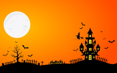 haunted house and full moon with ghost,horror night background.Vector illustration.
