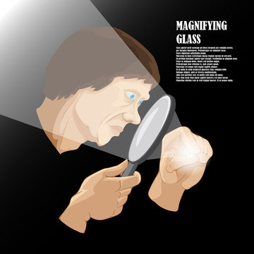 The head of the character looks into the magnifying glass