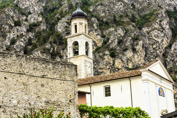 The Parish church of the holy Benedict in Limone that sits on the edge of the beautiful lake Garda in Italy, Europe. The church was built in 1691.