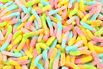 Juicy colorful jelly sweets. Gummy candies. Snakes.