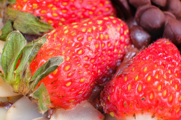 Delicious homemade brownie cake with strawberries. Selective focus