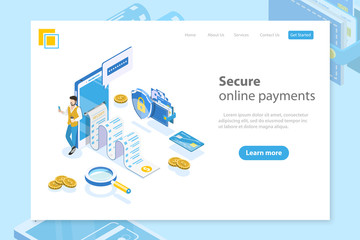 Flat isometric vector landing page header for online payment, money transfer, mobile wallet, receipt.
