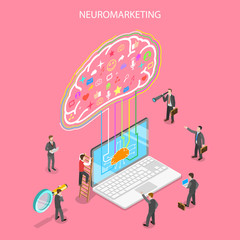 neurosciences neuromarketing Isometric flat vector concept of neuromarketing, digital compaign, commercial marketing strategy, ai, artificial intelligence.