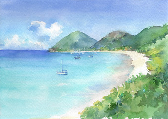 View of paradise bay with turquoise see water and white sandy beach. Watercolor hand drawn illustration. - 227627941