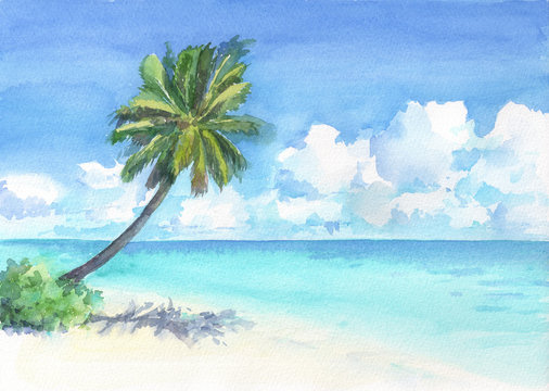 Wonderful tropical beach with palm tree. Watercolor hand drawn illustration.