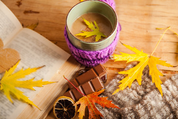 Autumn background with cup coffee