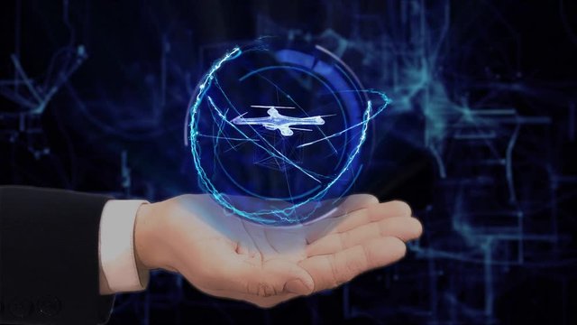 Painted hand shows concept hologram 3d Drone on his hand. Drawn man in business suit with future technology screen and modern cosmic background