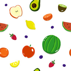 Fruit seamless pattern, background with different fruits and berries on a white.