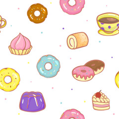 Dessert and bakery seamless pattern. Background with dessert and bakery on a white.
