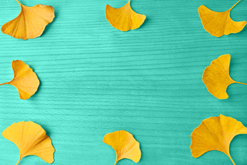 Fototapeta na wymiar Yellow maple leaves in frame on a turquoise textured wooden board. Vivid autumn background