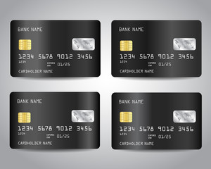 Black credit cards set with abstract black chrome metallic gradient design background