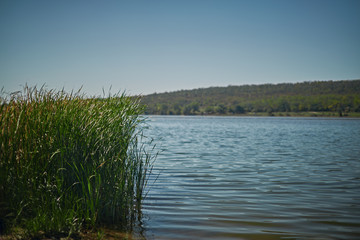 landscape with lake and blue sky