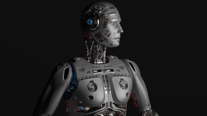 3D Render Futuristic Robot man looking left