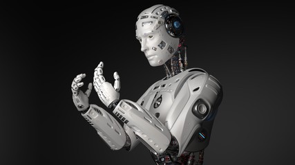 3D Render Futuristic Robot man looking at his hands