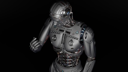 3D Render Futuristic Robot Man looking at his hand