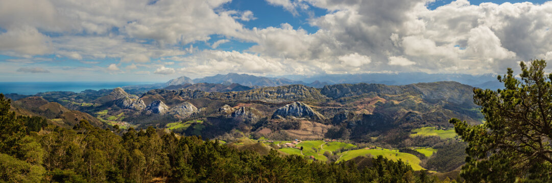 North Spain landscape panorama. Mirador del Fitu viewpoint Fito in Asturias.