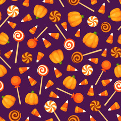 Fototapeta premium Vector seamless pattern with Halloween candies on a purple background. 