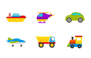 Baby toys. Vector. Set kids transport toy with car, boat, truck, plane, train, and helicopter. Cute baby shower elements in flat design isolated on white background. Colorful cartoon illustration.