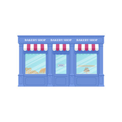 Bakery shop, storefront. Vector. Vintage store front. Facade retail building with window. Exterior house, retro street architecture. Cartoon illustration isolated in flat design.