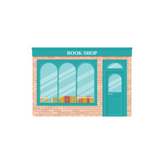 Book shop, storefront. Vector. Vintage store front. Facade retail building with window. Exterior house, retro street architecture. Cartoon illustration isolated in flat design.