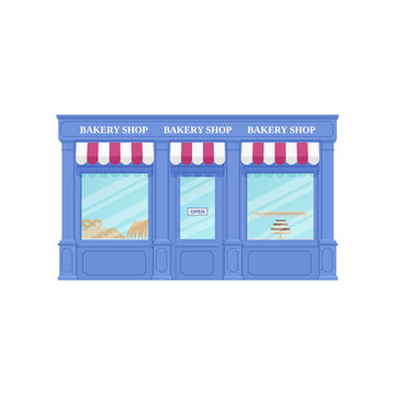Bakery shop, storefront. Vector. Vintage store front. Facade retail building with window. Exterior house, retro street architecture. Cartoon illustration isolated in flat design.